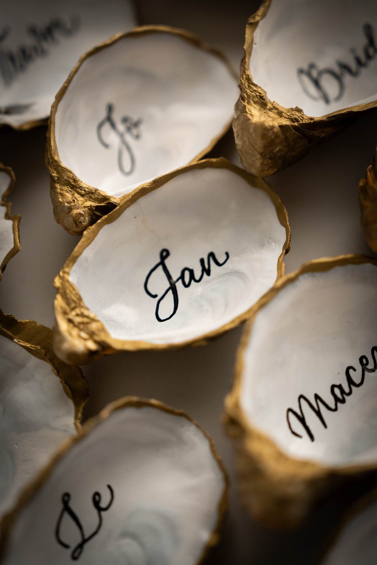 Oyster shell modern calligraphy wedding place cards