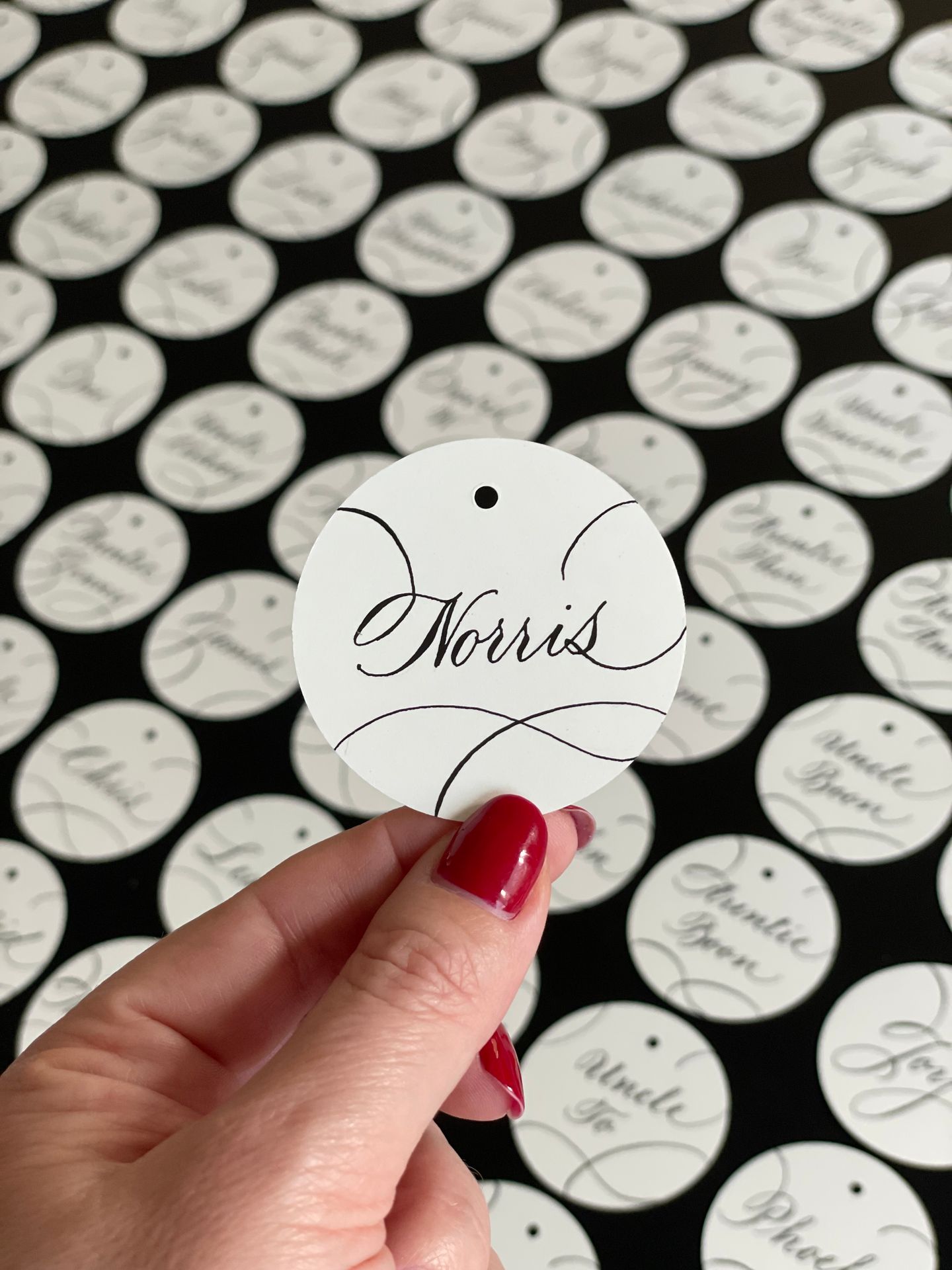 Circle tags wedding favour bags calligraphy