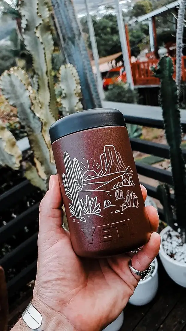 Desert scene hand-engraved on a Yeti can cooler